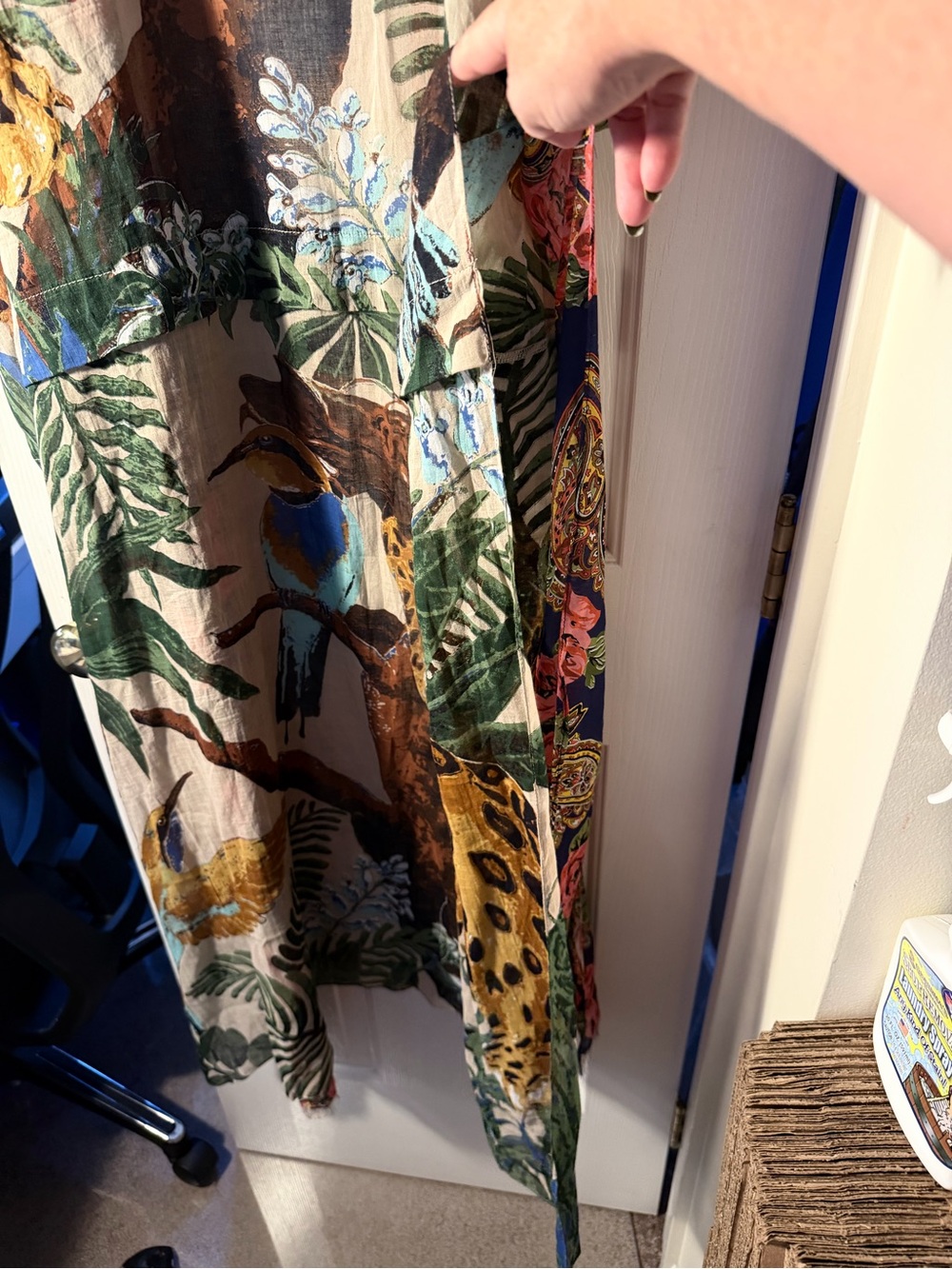 Aratta Mixed Print Long Kimono Duster Tropical Leopard Bird Floral Boho OS - Picture 8 of 9
